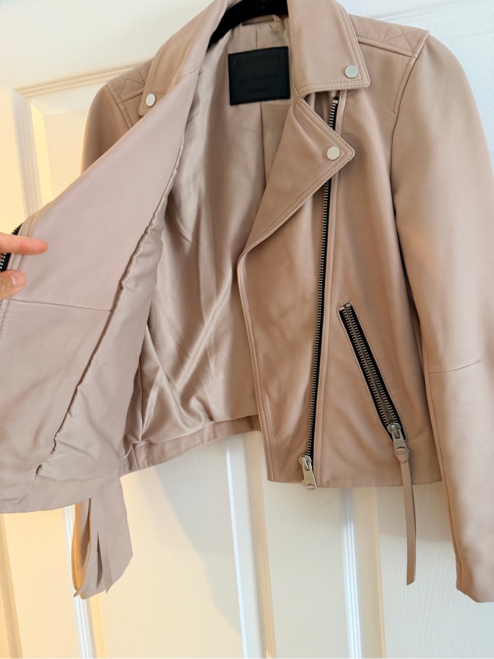 ALL SAINTS DALBY SLIM FIT LEATHER BIKER JACKET in color MISTY PINK size 2 - Picture 10 of 12